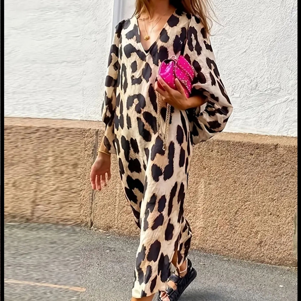 Dresses Leopard Print Lantern Sleeve V NeckLong Dress - Picture 3 of 4